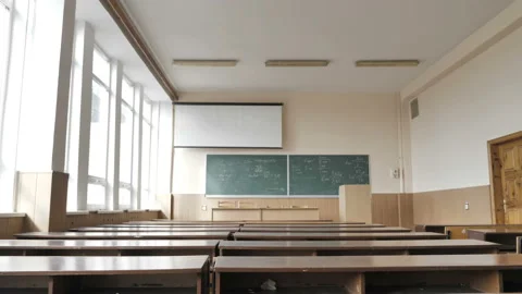 Empty Light Classroom, Lecture Hall With Big Windows Stock Footage