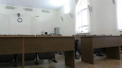 Empty Light Conference Hall With Rows Of Tables And Chairs Stock Footage 139617669