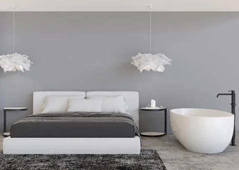 Empty light gray wall in modern bedroom. Mock up interior in contemporary sty Stock Photos
