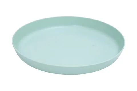 Empty light green round plate isolated on white background. Pastel dishware.. Stock Photos