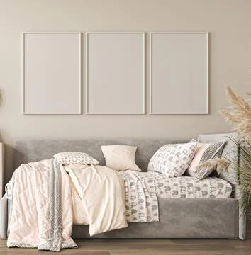 Empty light white wall in modern children room with pink bed. Mockup interior in Illustration