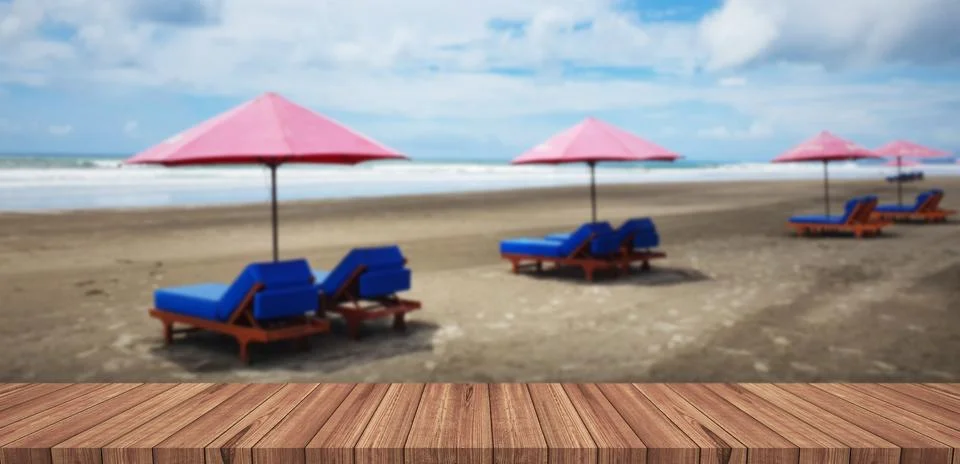 Empty light wood table top with landscape blurred background Stock Photos