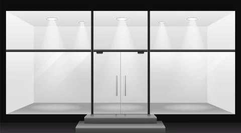 Empty lighted room template. Blank store showcase with glass panels and steps Illustrazione stock