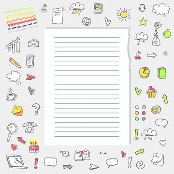 Empty lined note book page with icons of various themes for everyday entries Stock Illustration
