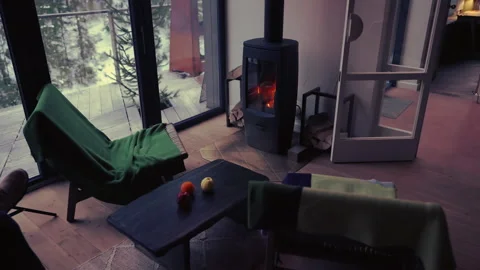 Empty living room with burning fireplace. Stock Footage 265174853