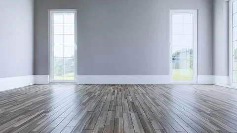 Empty living room concept with windows and wooden floor 3D rendering Stock Illustration