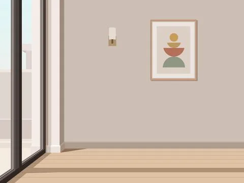 Empty Living Room Interior With Sliding Glass Door, Wall Lamp And Abstract .. Stock Illustration