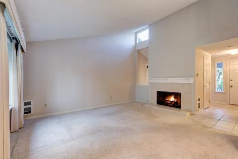 Empty living space with vaulted ceiling, grey walls paint color and carpet fl Stock Photos