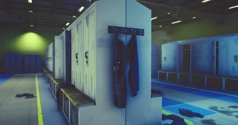 Empty locker room with scattered clothes and benches during a quiet afternoon Stock Illustration