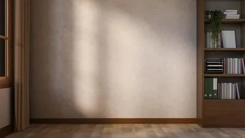 Empty loft cement wall aside window and wooden bookshelf on parquet floor i.. Stock Illustration