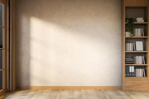 Empty loft cement wall with wooden frame window and bookshelf in a parquet .. Illustrazione stock