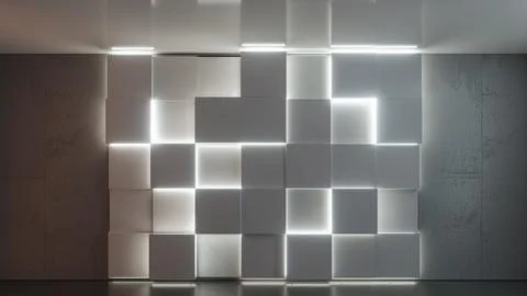 Empty loft interior room with modern wall of glow cubes shapes Stock Illustration