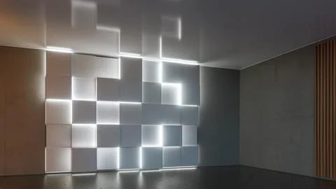 Empty loft interior room with modern wall of glow cubes shapes Stock Illustration