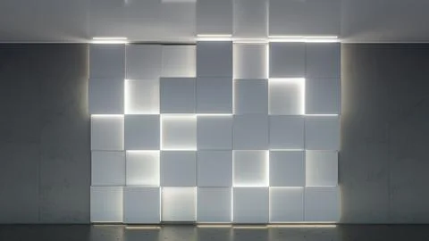 Empty loft interior room with modern wall of glow cubes shapes Stock Illustration