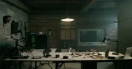 Empty Loft Office Of Electronics Startup At Night. Workspace With Computers Stock Footage