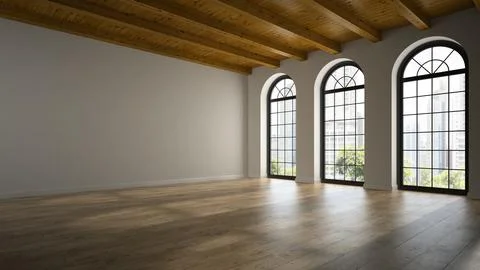 Empty loft room with arc windows 3D rendering 2 Stock Illustration