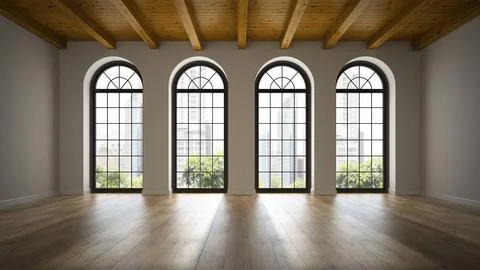 Empty loft room with arc windows 3D rendering 3 Stock Illustration