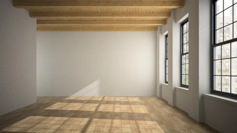 Empty loft room with wooden ceiling 3D rendering Stock Illustration