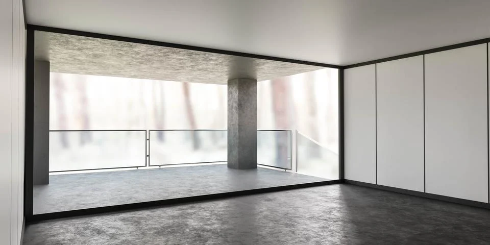 Empty lofty room in the forest with big windows and bright day lighting 3d Illustrazione stock