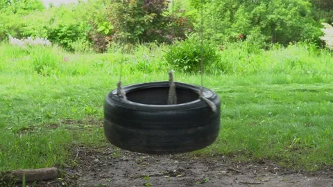 Empty lonely children's tire swing swing on a tree Stock Footage 156183631