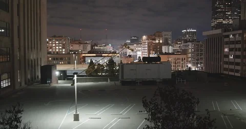 Empty Lonely Parking Lot Night City Lights Clouds Stockbeeldmateriaal 87464310