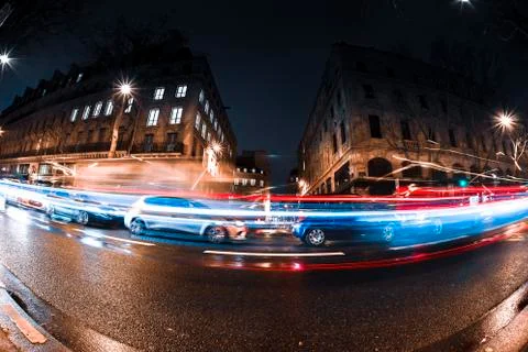 Empty long exposure light trail shot road view from a Paris Street for design 库存照片