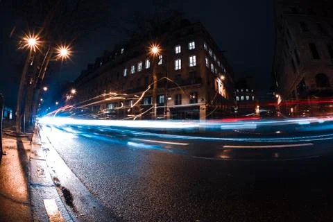 Empty long exposure light trail shot road view from a Paris Street for design Foto stock