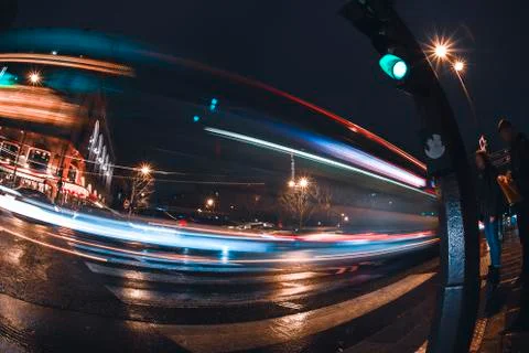Empty long exposure light trail shot road view from a Paris Street for design Foto stock