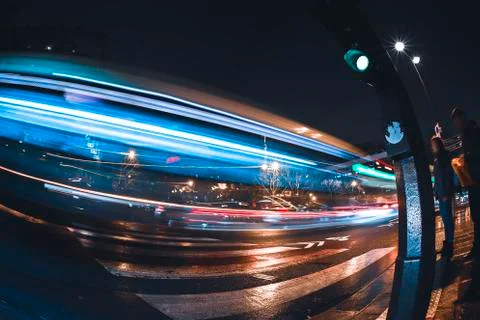 Empty long exposure light trail shot road view from a Paris Street for design Foto stock