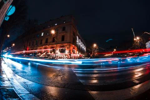 Empty long exposure light trail shot road view from a Paris Street for design Fotos Stock