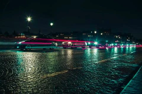 Empty long exposure light trail shot road view from a Paris Street for design Foto stock