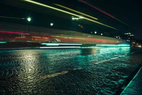 Empty long exposure light trail shot road view from a Paris Street for design Фото