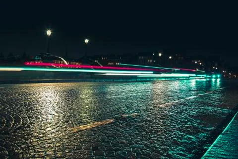 Empty long exposure light trail shot road view from a Paris Street for design Foto stock
