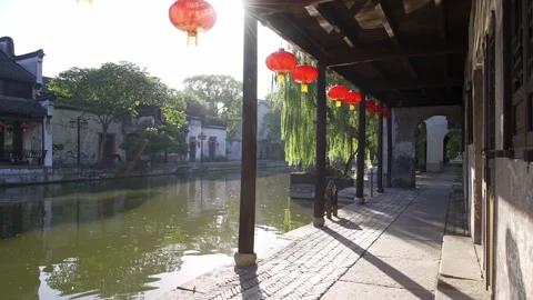 Empty long footpath by river in huzhou nanxun Stock Footage 196028026