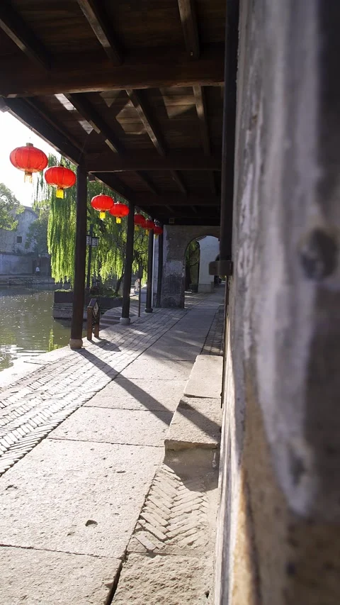 Empty long footpath by river in huzhou nanxun Video stock 196028240
