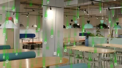 Empty lounge showing falling green binary on start, streaming over tables, Stock Footage 331062510