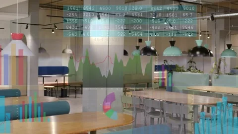 Empty lounge static while data feed causing bars lines occluding tables numeric Stock Footage 331045635