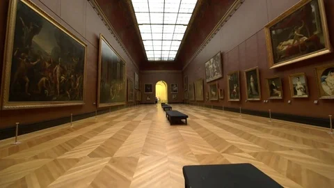 Empty Louvre art gallery, steady cam through exhibition of artworks Stock Footage 70179530