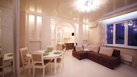 Empty luxurious living room with table, sofa in apartment at evening 動画素材 276359255