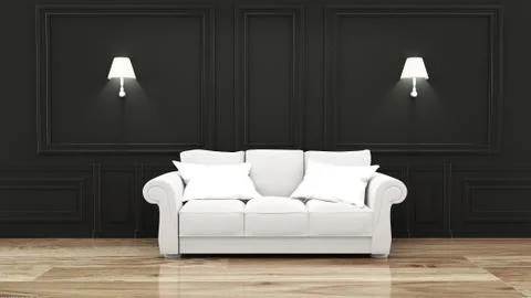 Empty luxury room interior with sofa in room black wall on wooden floor. 3D r Stock Illustration