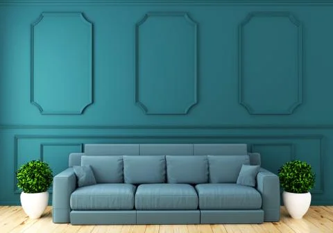 Empty luxury room interior with sofa in room mint wall on wooden floor. 3D re Stock Illustration