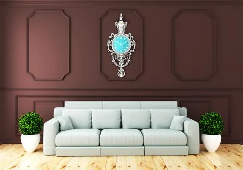 Empty luxury room interior with sofa in room brown wall on wooden floor. 3D r Stock Illustration