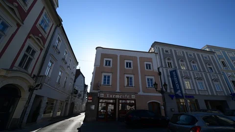 Empty main square of enns, with clocktower stadtturm Stock Footage 129141903