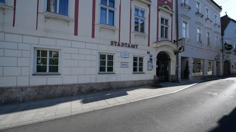Empty main square of enns, with clocktower stadtturm Stock Footage 129142266