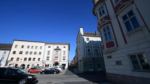 Empty main square of enns, with clocktower stadtturm Stock Footage 129142586