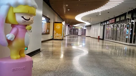 Empty Mall Hallway with all Shops Closed due to Corona Virus Quarantine Stock Footage 124677790