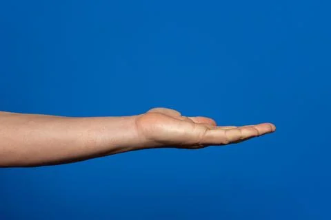 Empty man's hand, palm up on an isolated blue background. Man hand isolated.. Stock Photos