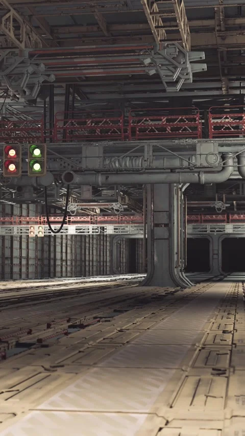 Empty manufacturing hall with overhead piping and distant bay doors Stock Footage 326206014