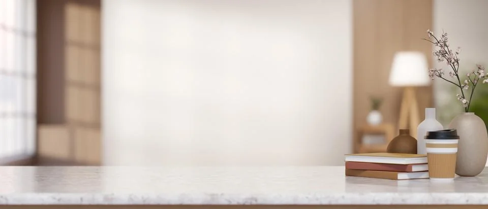 Empty marble desk books coffee cup vases living room workspace mockup Stock Illustration