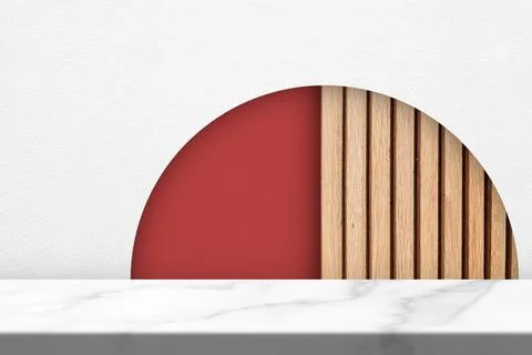 Empty Marble Table with Red Half Circle and Wooden Wall Background Foto stock